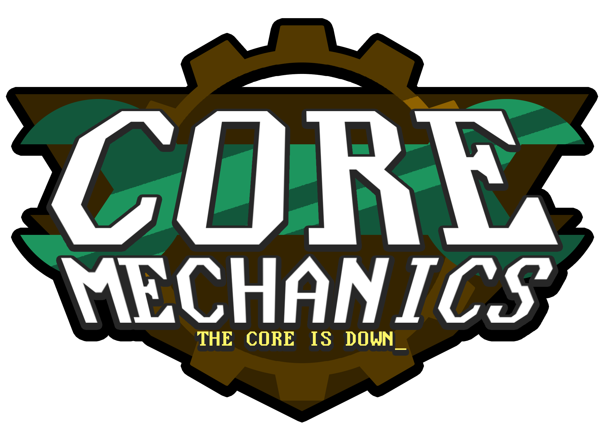 A logo for the Core Mechanics. It has the text 'Core Mechanics' in white, over a teal spanner and a copper gear. A pale yellow subtitle reads 'THE CORE IS DOWN_', in the style of a computer terminal.